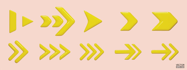Set of yellow vector arrows. Shiny 3d glass Arrows icon. Arrows Cartoon minimal style collection. 3d vector illustration.