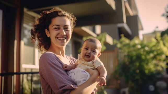 Happy Woman Holding Her Baby At Her Home Front-yard  