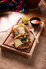 Tacos al pastor. Also known as Tacos de Trompo, they are the most popular type of street tacos in Mexico, commonly made with pork and beef marinated with achiote.