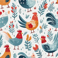 Rooster chicken folk art seamless pattern