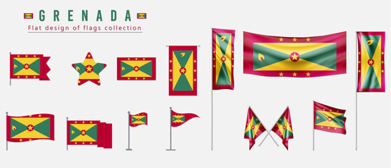 Grenada flag set, flat design of flags collection - obrazy, fototapety, plakaty