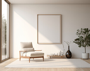 Fototapeta na wymiar ベッドルームのインテリア背景のモックアップフレーム Mockup frame in bedroom interior background, room in light pastel colors Generative AI