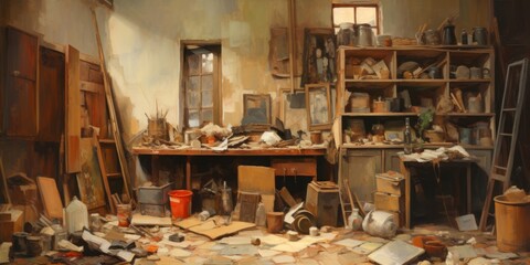 oil painting of room with dirt and messy, generative AI
