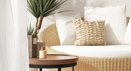 Reed stick diffuser on brown round wood pedestal side table podium, rattan armchair day bed, dracaena in sunlight on white cement wall. Luxury aromatherapy, beauty, cosmetic product background 3D