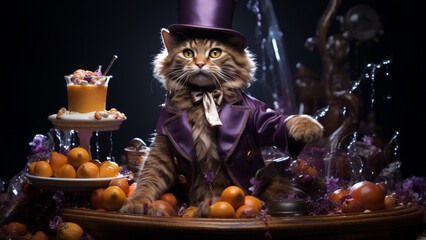 Willy Wonka as a cat and its orange factory. Cat in tophat and a purple suit, orange confectionary,...