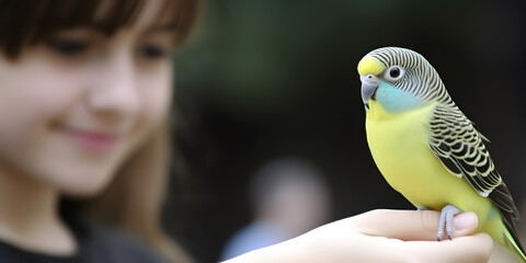 Cute budgie chick on the hand of little girl.  Concept of pet bird.