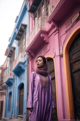 Naklejka premium Fashionable Muslim Woman wearing a colorful dress and hijab