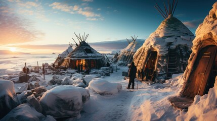 Exploring Inuit Tradition: From Tupiq Tents to Snow-Covered Mountains and a Rich Arctic Lifestyle - Generative AI - obrazy, fototapety, plakaty
