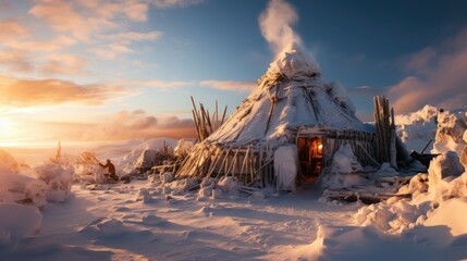 Inuit Culture Exploration: A Glimpse into Tupiq Tents, Snowy Landscapes, and Arctic Living - Generative AI