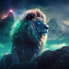 lion with aurora borealis smoke lights background