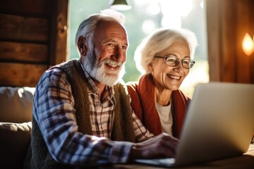 Senior couple using laptop Retired Elderly Couple Using Laptop at Outdoor Generative AI.