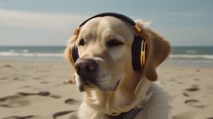 Close up beautiful white golden retriever dog wear a headphone and enjoying the music, looking and staring at something at the beach background. Generative AI technology.