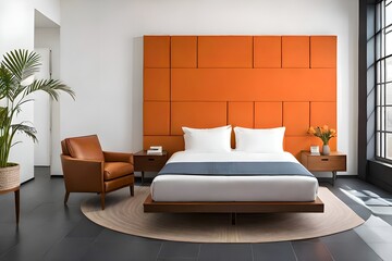 Modern artistic minimalist contemporary, cozy, comfortable, colorful and elegant bedroom or master bedroom for house and apartment, very good interior. Generative AI technology.