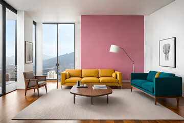 Modern contemporary simple minimalist modern cozy, comfortable, colorful artistic and elegant living room for house and apartment, very good interior. Generative AI technology.