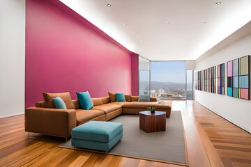 Fototapeta premium Modern contemporary simple minimalist modern cozy, comfortable, colorful artistic and elegant living room for house and apartment, very good interior. Generative AI technology.