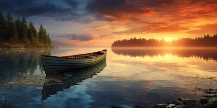 boat on the lake with mist at sunset time, generative AI