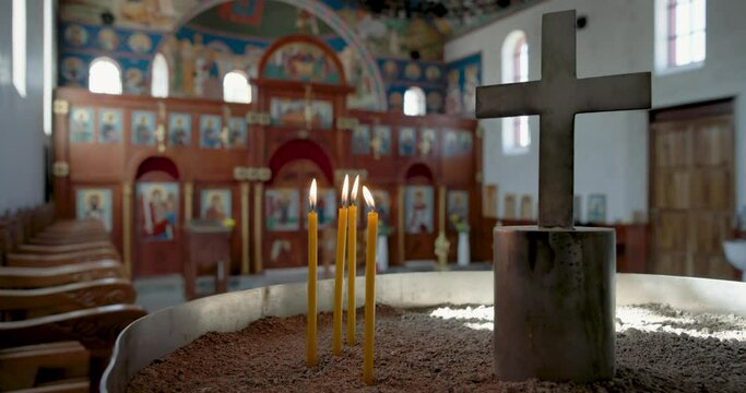 Botswana, Gaborone, orthodox serbian church ,candles burning, altar in the background