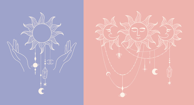 Mysticism vector isolated clip art, Celestial logo template, sun with face and witches hands symbols or icons, mystical cosmic fantasy objects isolated illustrations pack