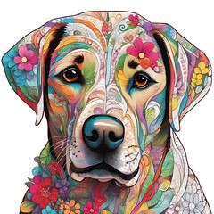 Cute Labrador Retriever dog .His face made of colorful floral designs.