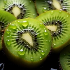 Extreme macro close up of kiwi slices with water spots. Generative AI.