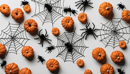 Flat lay background of fall pumpkins gourds and leaves, banner background with copyspace, top down view, seasonal decor