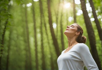 Woman finding peace in a lush forest, relaxing meditation healthy lifestyle