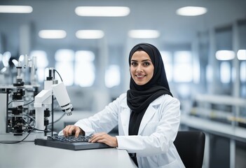 Arabic woman excelling as scientist or engineer in tech research facility - obrazy, fototapety, plakaty