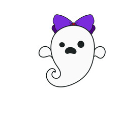 Angry cute ghost with big purple bow on head.