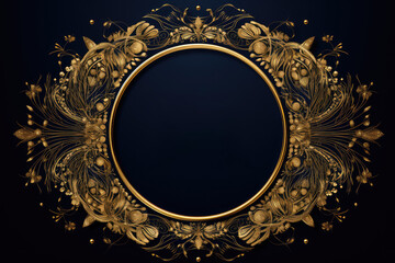 vintage gold circle frame tracery on dark blue background copy space