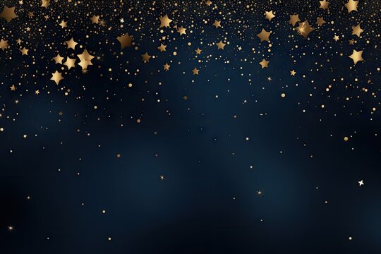 gold star glitter on a dark blue or navy background with golden sparkling circles. copy space