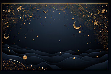 golden star and moon background on dark blue background.