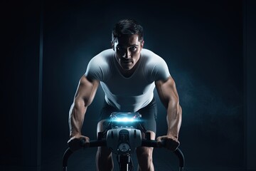 Fototapeta na wymiar Young man during workout on a smart exercise bike. A scientific approach to training for maximum performance.