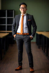 Asian CEO posing in the office. Orange Tie and business suit