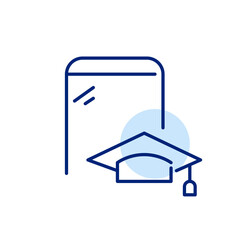 Mortar board hat and mobile phone. Obtaining university degree online. Pixel perfect, editable stroke icon