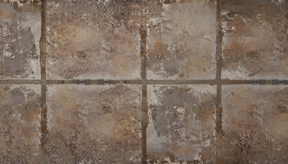 Old brown gray rusty vintage worn shabby patchwork motif tiles stone concrete cement wall texture background banner panorama.