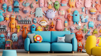 Fototapeta na wymiar A room decorated with doodle monsters