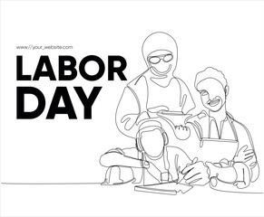 Happy Labour Day simple vector web banner. Set of tools. Lettering Labour Day. Black and white background, banner, poster. Vector illustration