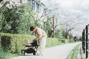 春の日中にベビーカーを押しながら桜の咲く道を散歩する日本人親子