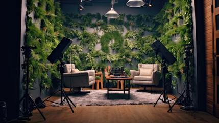 Studio interior for podcast and interview with two chairs