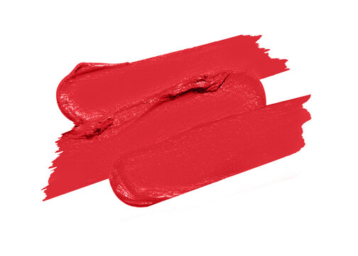 Hot Red Color Pure Matte Lipstick smear smudge swatch isolated on white background. lip product brushstrokes. Smudged makeup cosmetics or paint texture