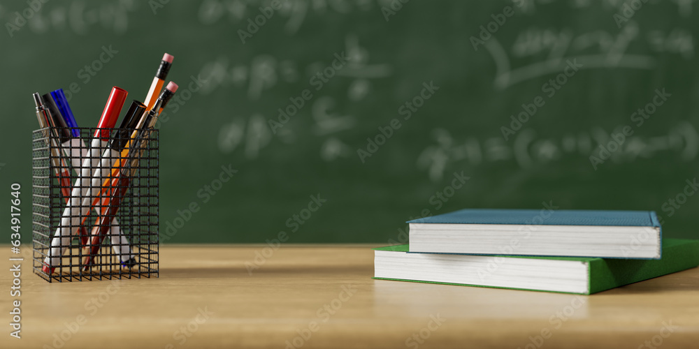 Poster pencils and textbooks in front of the school board, 3d rendering