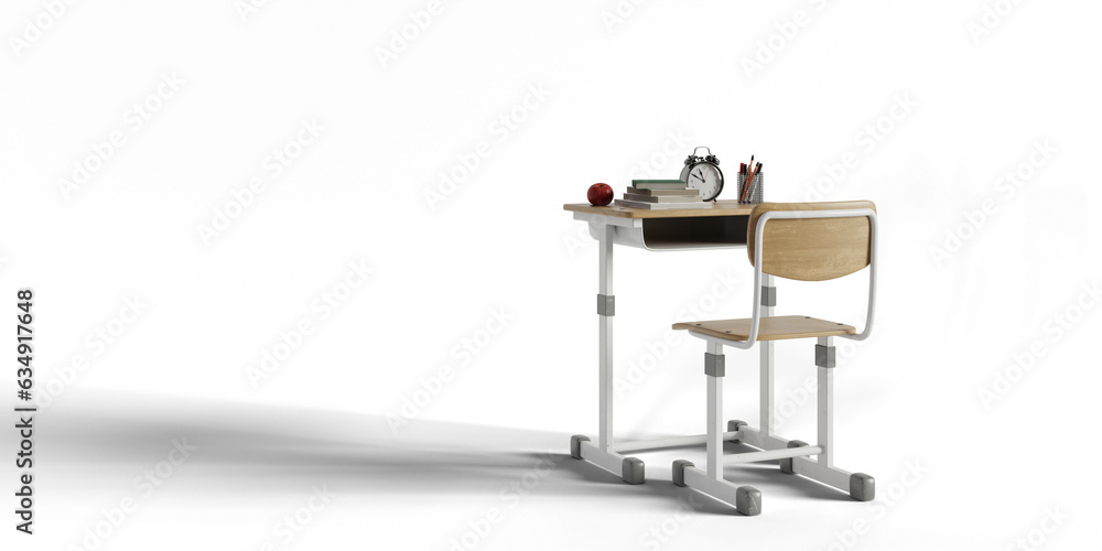 Poster a solid color background in which the desks in the school classroom are alone, 3d rendering