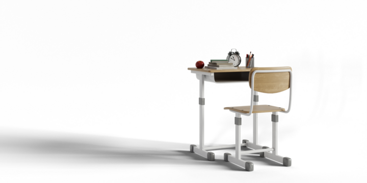 a solid color background in which the desks in the school classroom are alone, 3d rendering