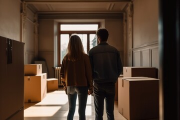 young couple in empty room with moving boxes. Mortgage, family, property insurance concept. 