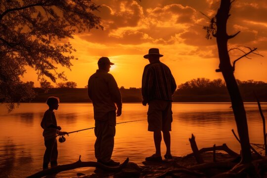 silhouettes of a couple of men with a child on a fishing trip at sunset.family concept. 