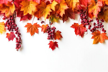 Naklejka na ściany i meble horizontal garland with red, orange, brown and yellow autumn leaves on a white background. 