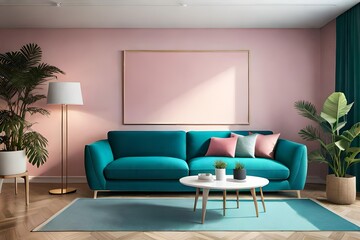 Living room millennial pink interior wall mock up with light blue sofa, empty white wall with free space above on top, 3D render, 3D illustration