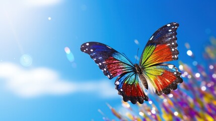 A rainbow-colored butterfly fluttering its wings against a clear blue sky.