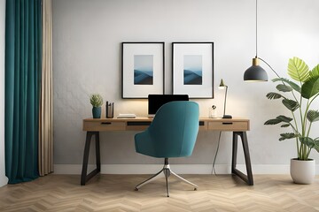 Picture frame mockup with a desk, chair, shelf, carpet, curtain. 3d render