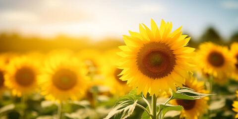 Obraz premium Sunflower on blurred sunny nature background. Horizontal agriculture summer banner with sunflowers field